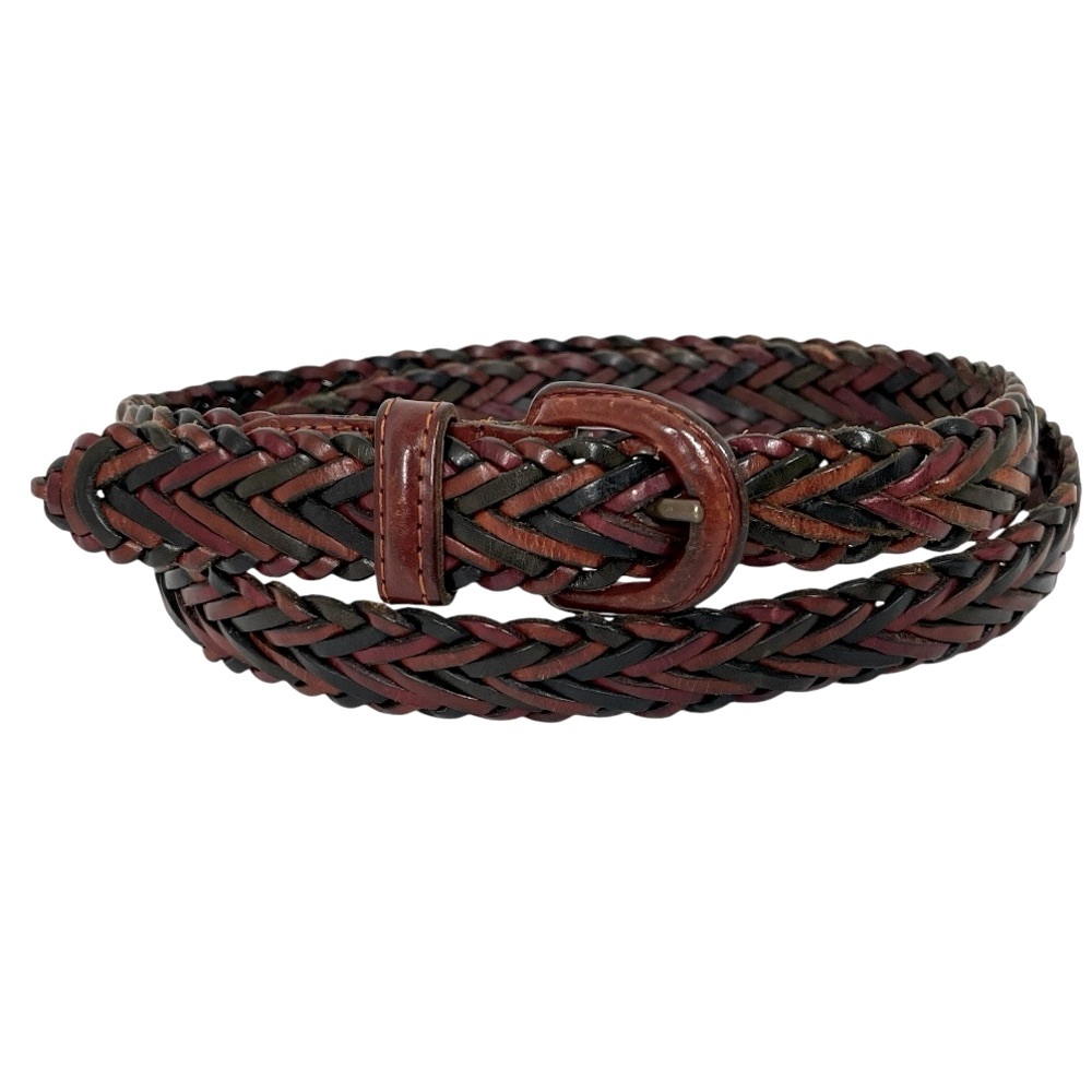 Woven Leather Belt Two Tone Brown Black Leather Bound Buckle Vintage Size 42